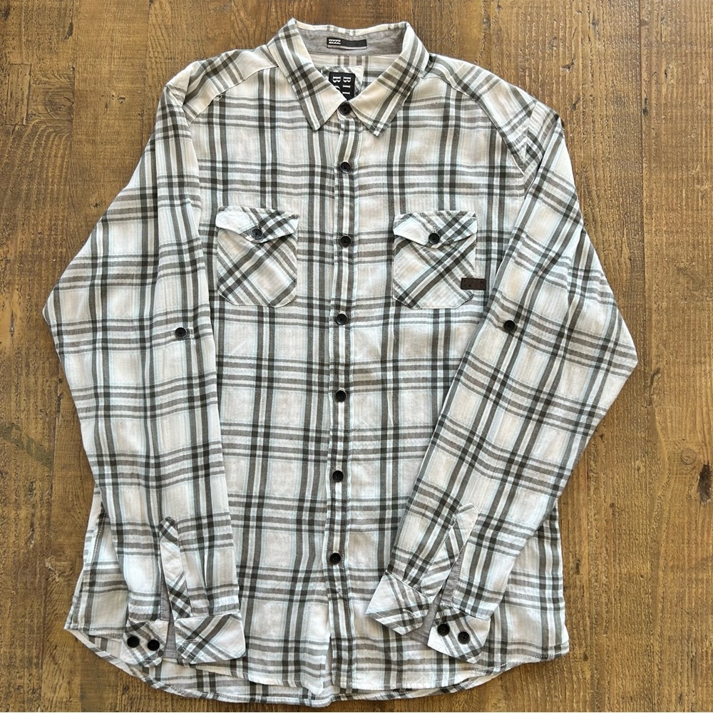 Billabong White and Brown and Light Blue Plaid Casual Shirt